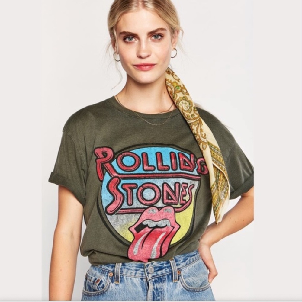 Daydreamer Olive Rolling Stones Graphic Tee with Pink & Blue Logo